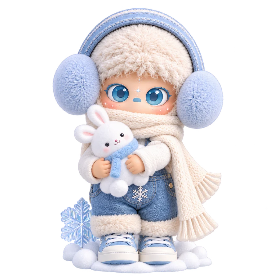 戴蓝色耳罩的雪团团怀抱小兔