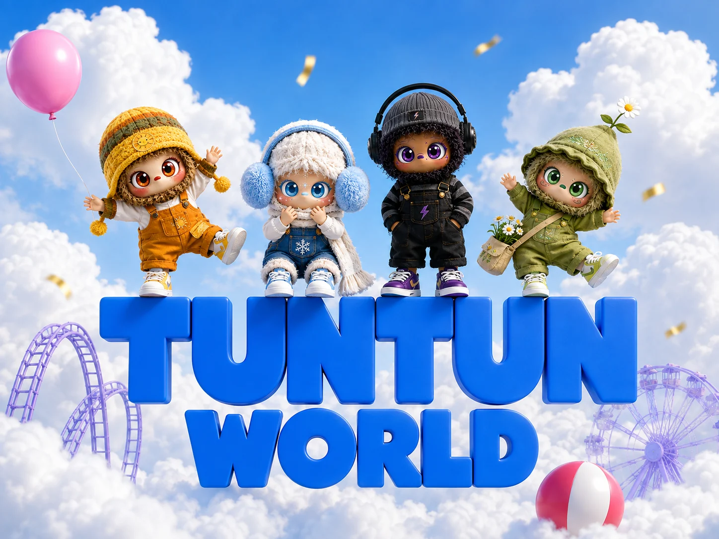 四位气团团站在蓝色 TUNTUN WORLD 立体字上,周围是云朵、气球和游乐园